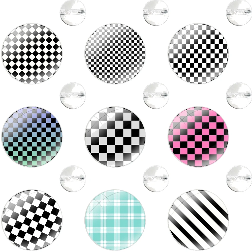 Black white checkered stripe Transparent Glass Dome Brooches Badge Pins For Clothes Hat Shirt Lapel Bag