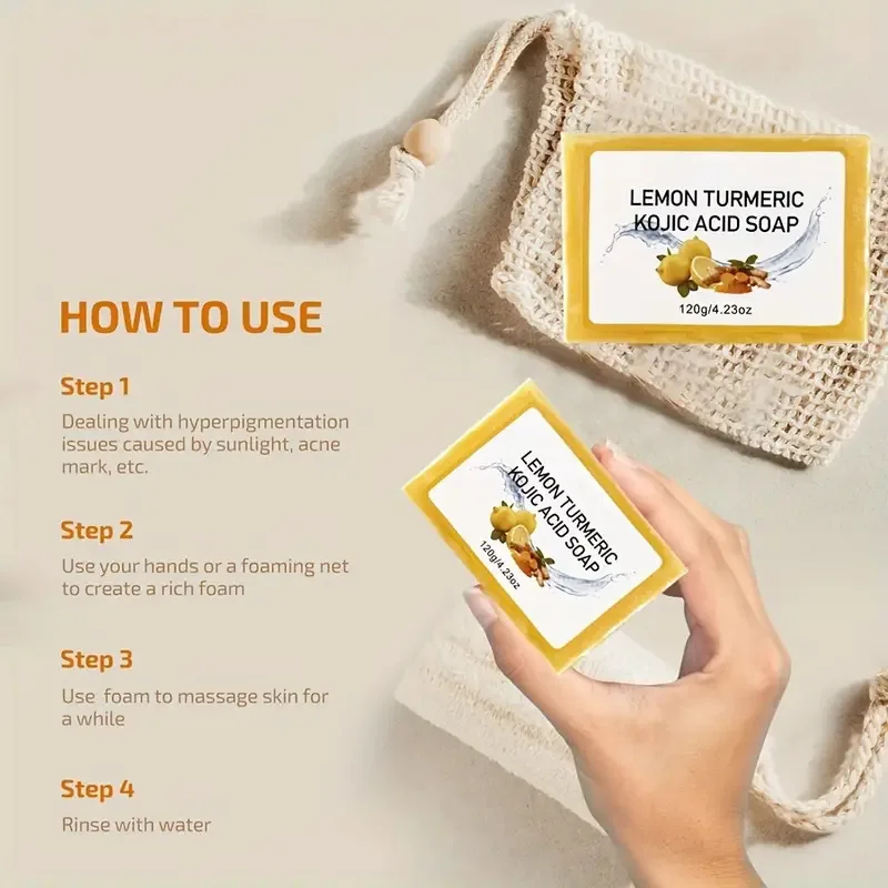 100g Lemon Turmeric Kojic Acid Soap Handmade Face Clean Soap for Skin Bathing, Moisturizing, and Exfoliating