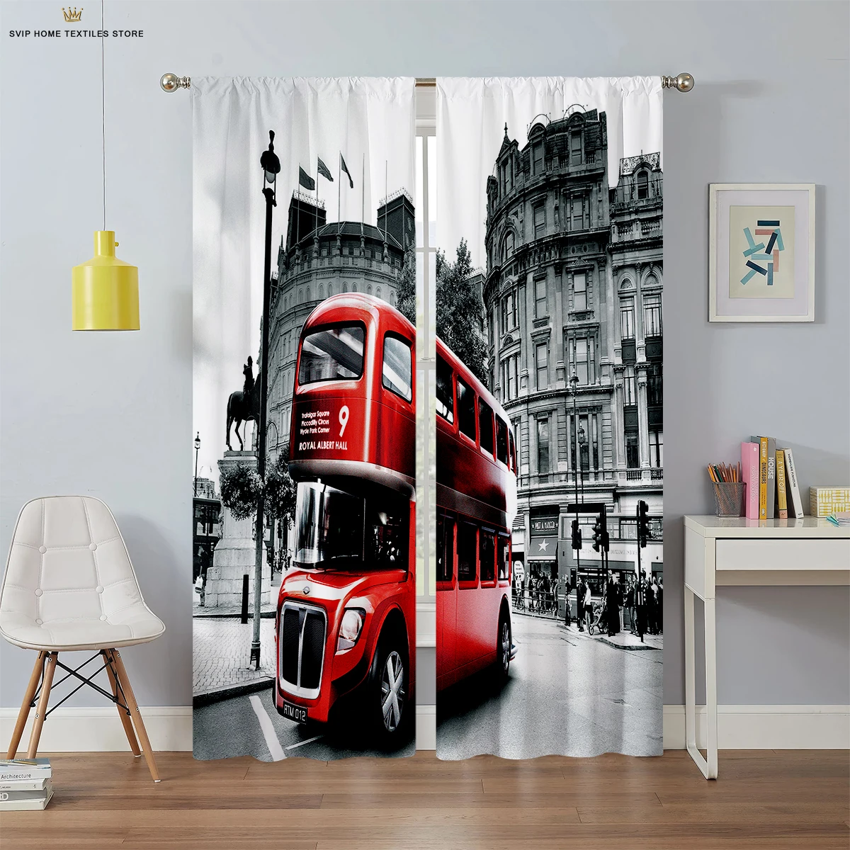 American Retro Black and White City Building Bus 3D Printing Curtains, Suitable for Bedroom, Living Room, Study Room, Decorative