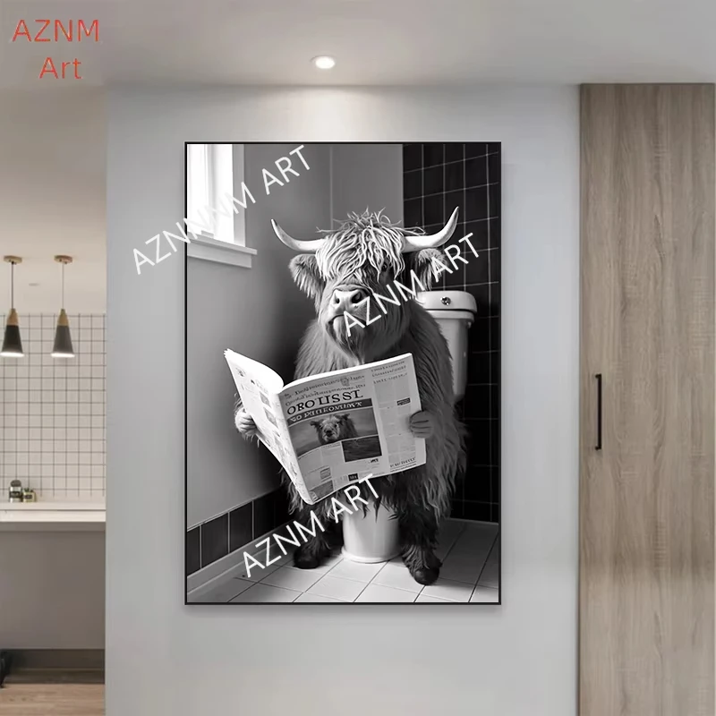Funny Bathroom Humorous Animal Wall Decor Bear Dog Tiger Sitting on Toilet Reading Newspaper Poster Art Print Canvas Painting