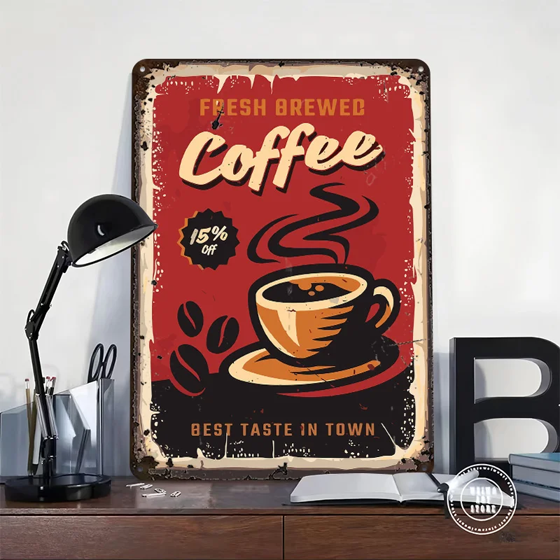 Fresh Brewed Coffee Vintage Printed Poster Customized Retro Wall Art Vintage Metal Tin Signs for Bathroom Decor House Home Items