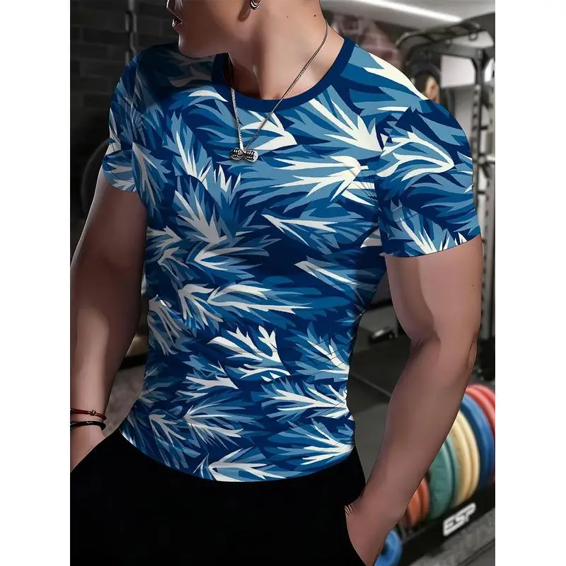 Breathable Moisture Wicking Men's Sports T Shirt European American Style Printed Stretchy Bodycon Fitness Top For Weightlifting