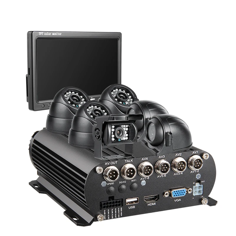 8CH H.264 1080P AHD Mobile HDD Car DVR with 7 Inch VGA Monitor and 6 IR Night Vision Waterproof Cameras for Truck RV Van Bus
