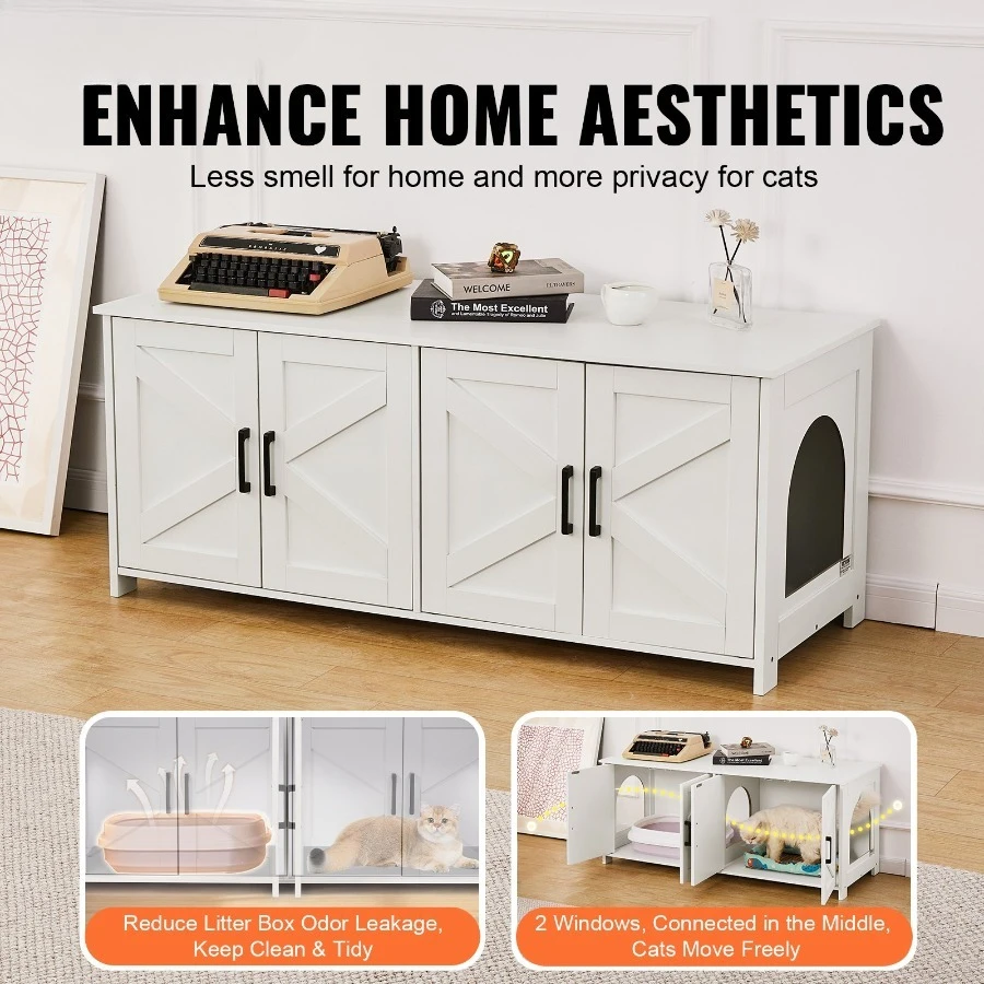 Cat Litter Box Enclosure Wooden Litter Box Furniture Hidden 2 Rooms White
