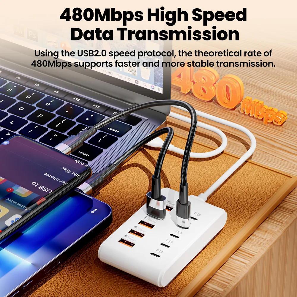 66W 10-in-1 USB C Hub Desktop Charging Station 5 PD 5 USB Fast Charger 480Mbps Data Sync for iPhone 16 15 Pro Max Samsung