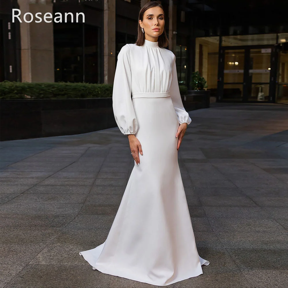 

Muslim High Quality Mermaid Wedding Dresses Full High Collar 2023 New Draped Pleat Satin Bride Gown Floor Length robe de mariée