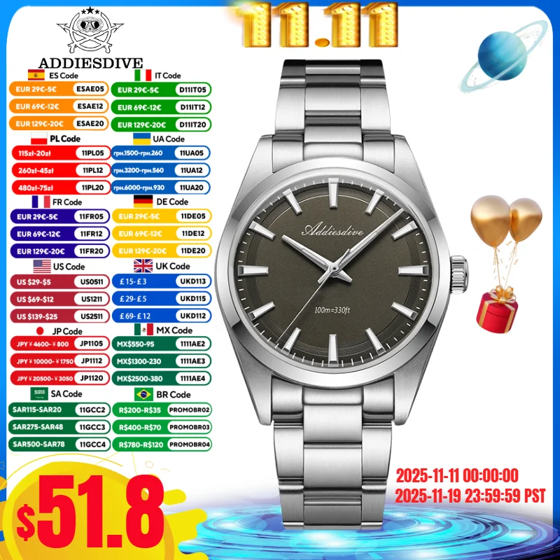 

ADDIESDIVE 36mm Watch For Men BGW9 Blue Luminou 316L Stainless Steel Reloj Hombre 100m Waterproof Quartz Watch Montres Hommes