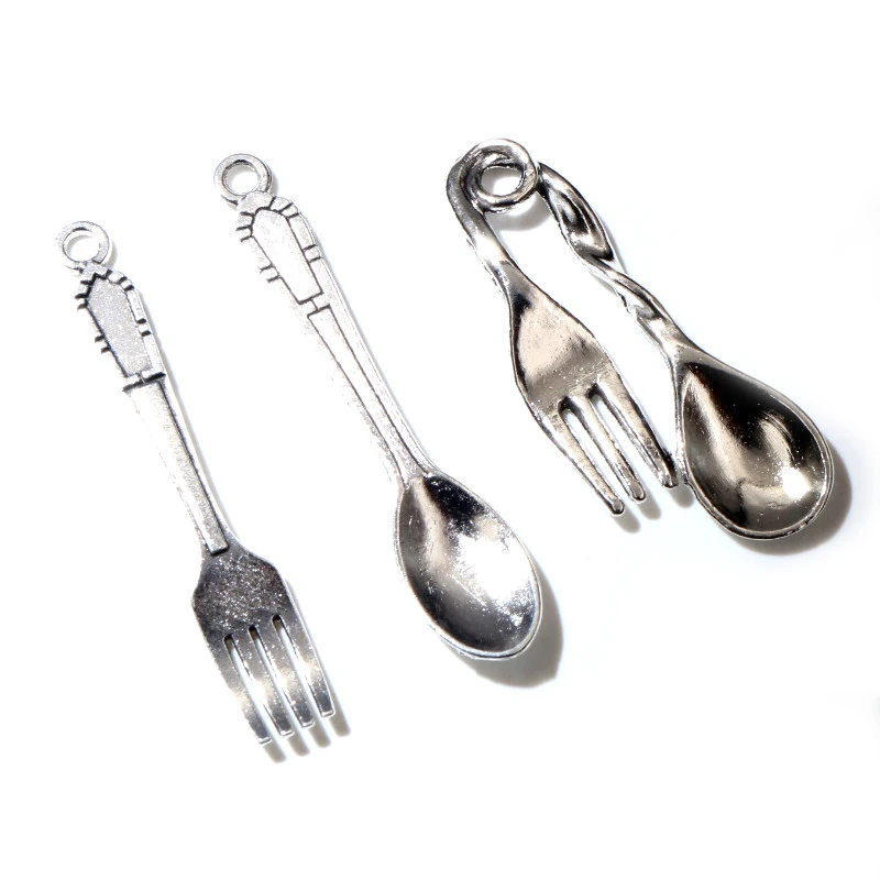 20pcs Spoon Fork Dining Charms Tibetan Antique Silver Plated Tableware Pendants Charms DIY Jewelry Making Accessories Findings