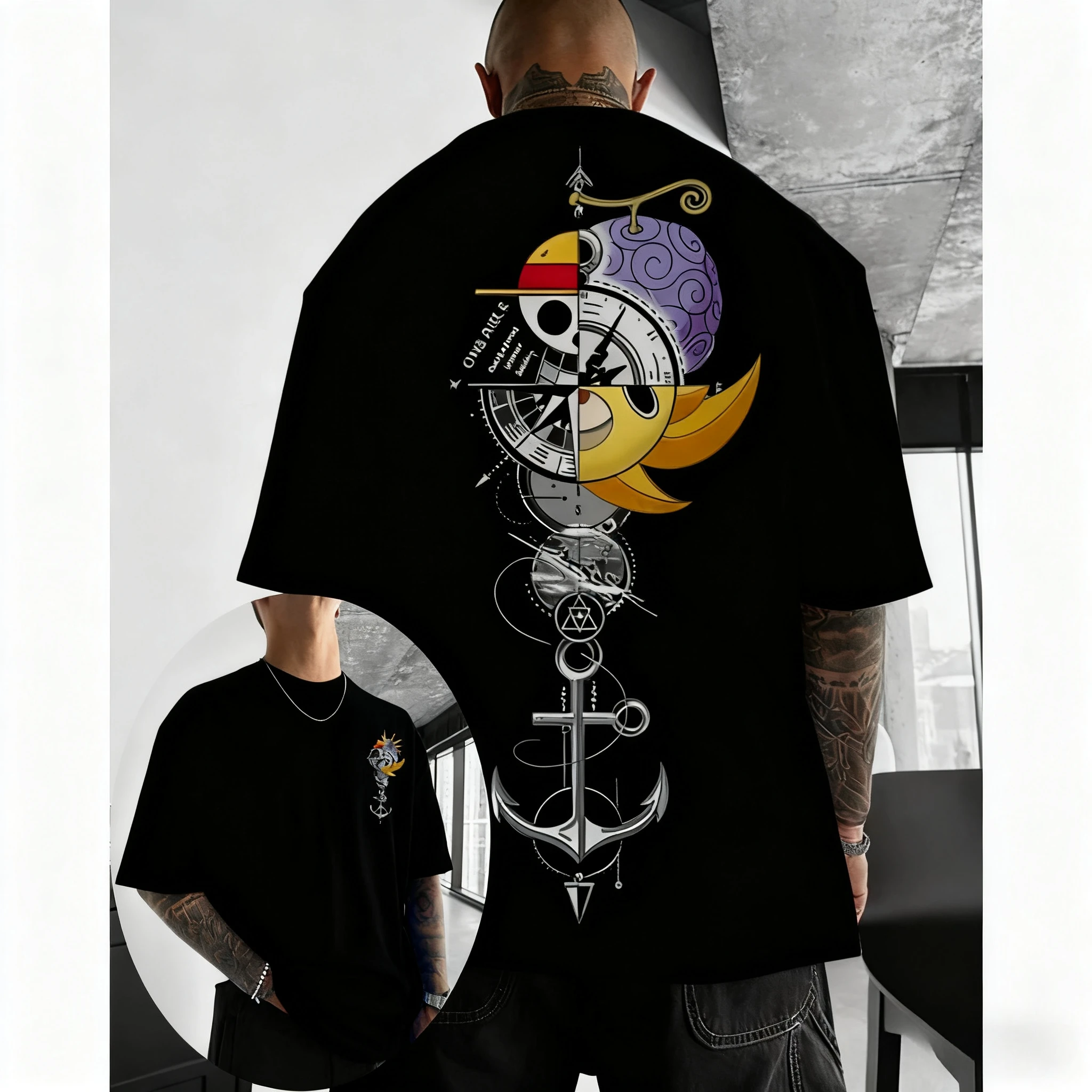 Trendy Casual "One Piece" Men's T-shirt Mengqi D Luffy Summer and Autumn Animation Boys Children's Short Sleeve Retro Loose