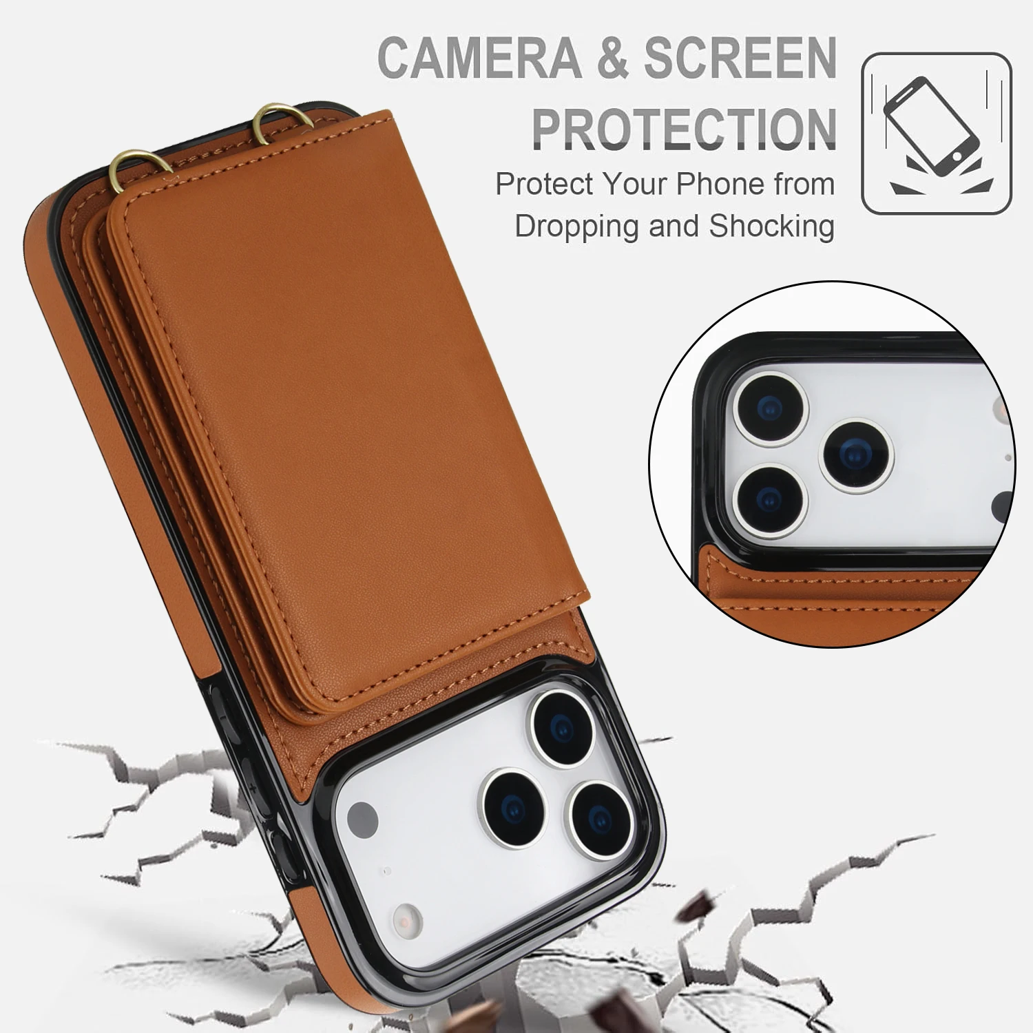 Skórzane etui na iPhone 18 17 Pro Max 16 Plus 15Plus 14 13 12 11 z paskiem, kieszonką na karty, funkcją podpórki i ochroną RFID — zdjęcie produktu 5