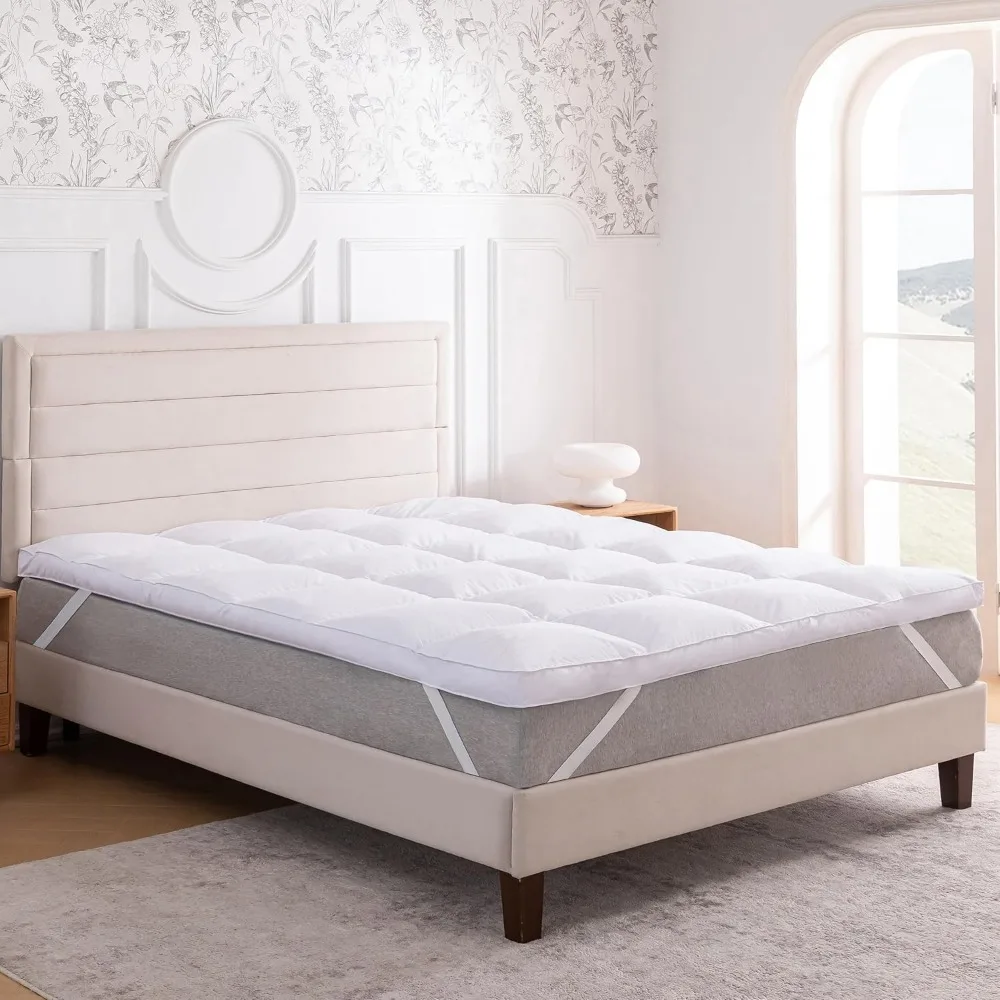 3 Inch White Goose Feather Mattress Topper,King Feather Bed Topper,Mattress Cover with Straps,Ultra Soft Pillowtop