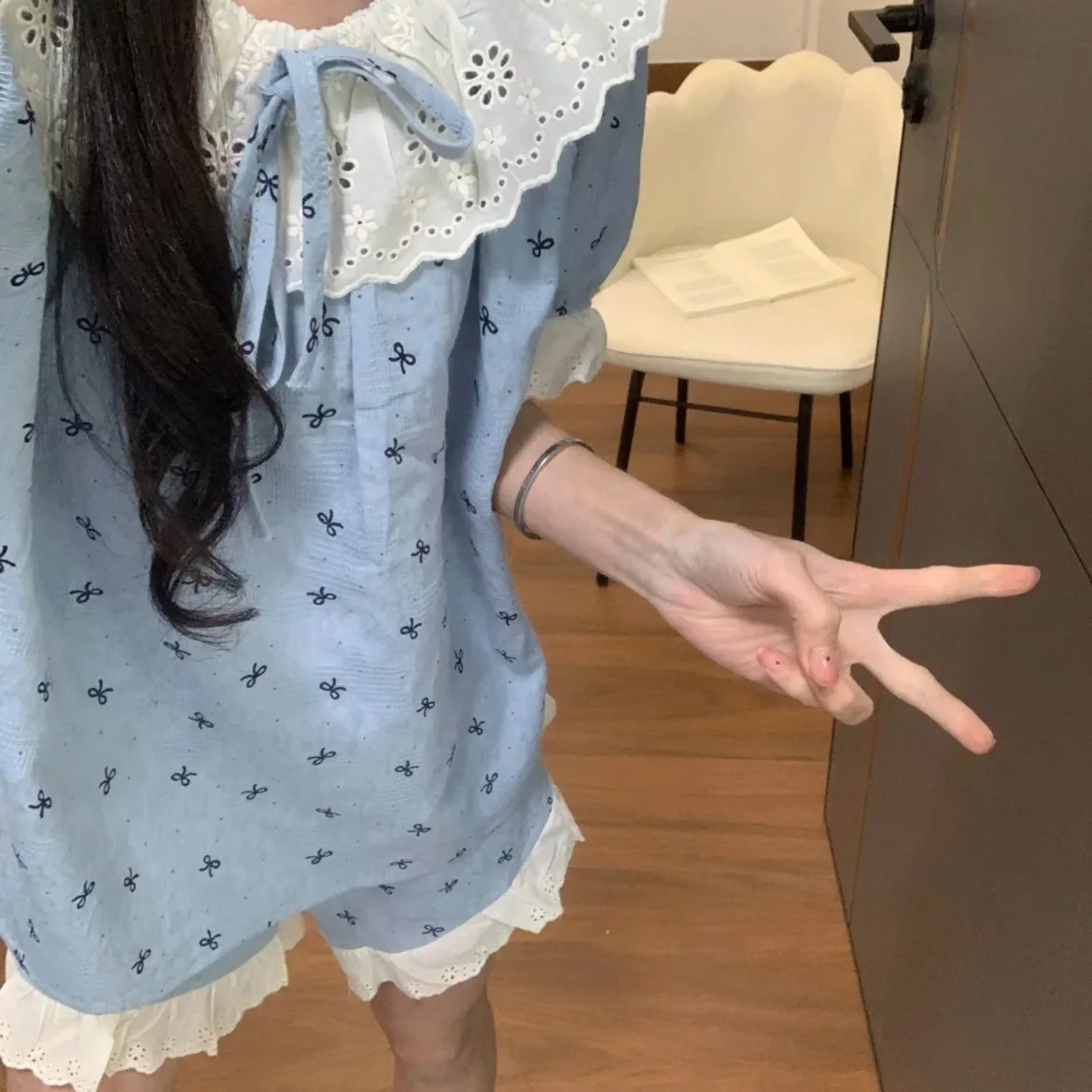 

Japanese Bow Tie Pajamas Female Summer 2025 New Sweet Lace Short-Sleeved Shorts Teenage Students Summer Pajamas Homewear Set