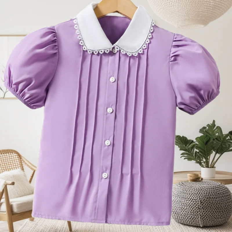 Niche chic doll collar sweet cute short sleeve shirt bubble sleeve polyester summer girl