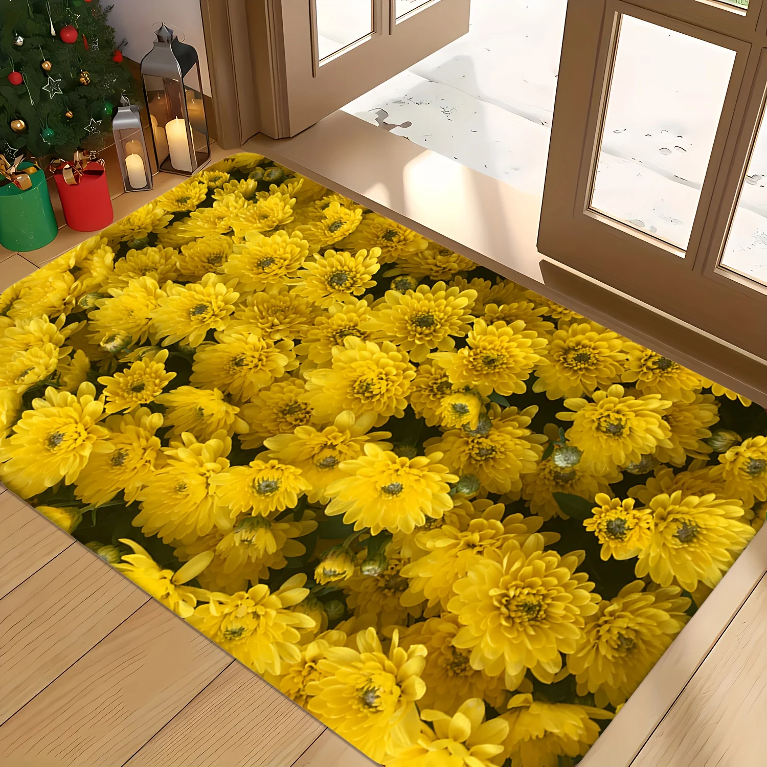 Yellow Chrysanthemum Printed Flannel Bath Mat With Soft Texture And Non Slip Backing Cozy Rug For Bathroom Or Home Decor