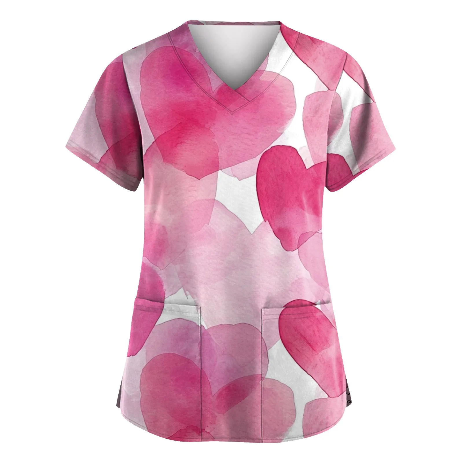 V-Neck Pocket Pattern Printed Care Workers T-Shirt Tops for Lady Clinic Working Clothing Short Sleeve Scrub Nurse Uniform - Image 2