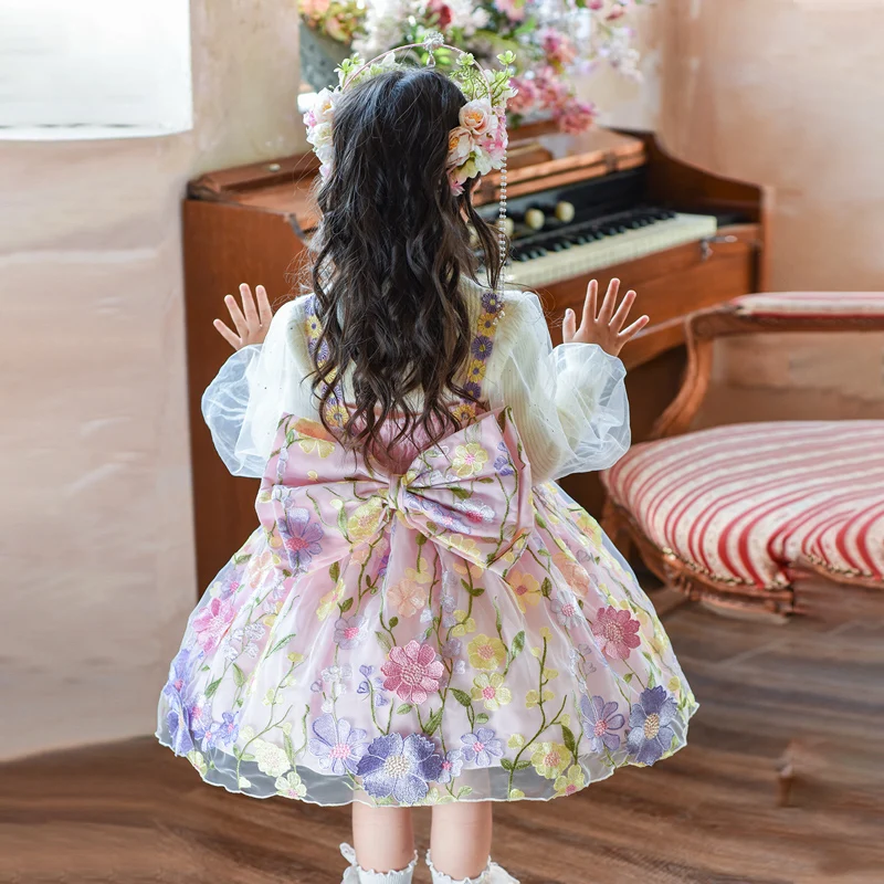 فستان أداء المسرح للفتيات الصغيرات فستان عيد ميلاد للأطفال تنورة حفلات الأميرة لوليتا مجموعة فساتين فتاة صغيرة مُزينة بنقشة الزهور