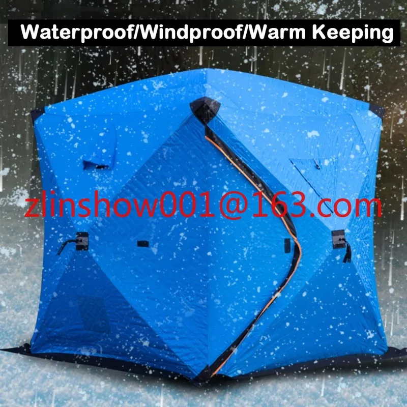 Portable ice shelter is easy to set up winter tents. Ice tents are waterproof, windproof, sauna chimney style