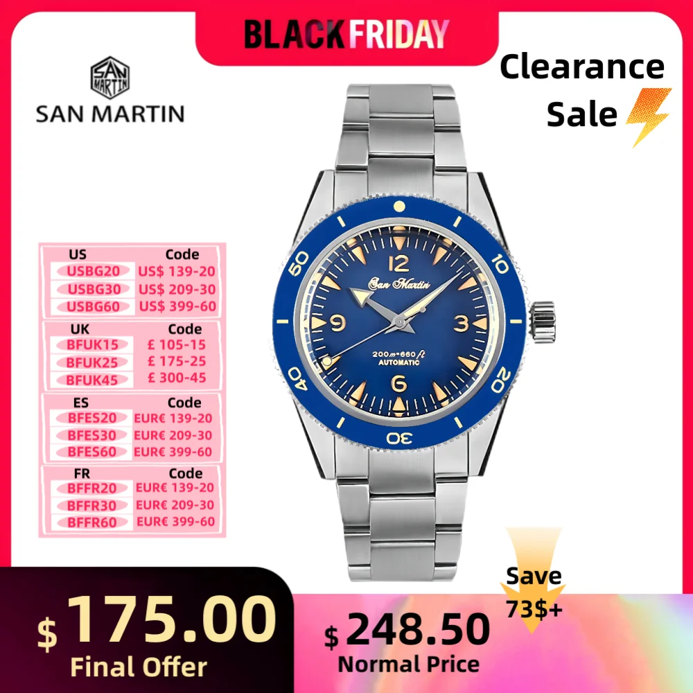 San Martin 39.5mm NH35 YN55 Sandwich Dial Diving Watch Men Automatic Wristwatch 20Bar Sapphire BGW-9 C3 Lume Coating SN0051-1/2