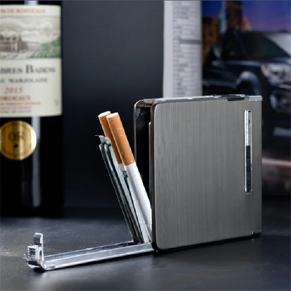 Large Capacity Cigarette Case With Lighter Metal Automatic Pop Up Cigarette Box Portable Windproof USB Charging Lighter Men Gift