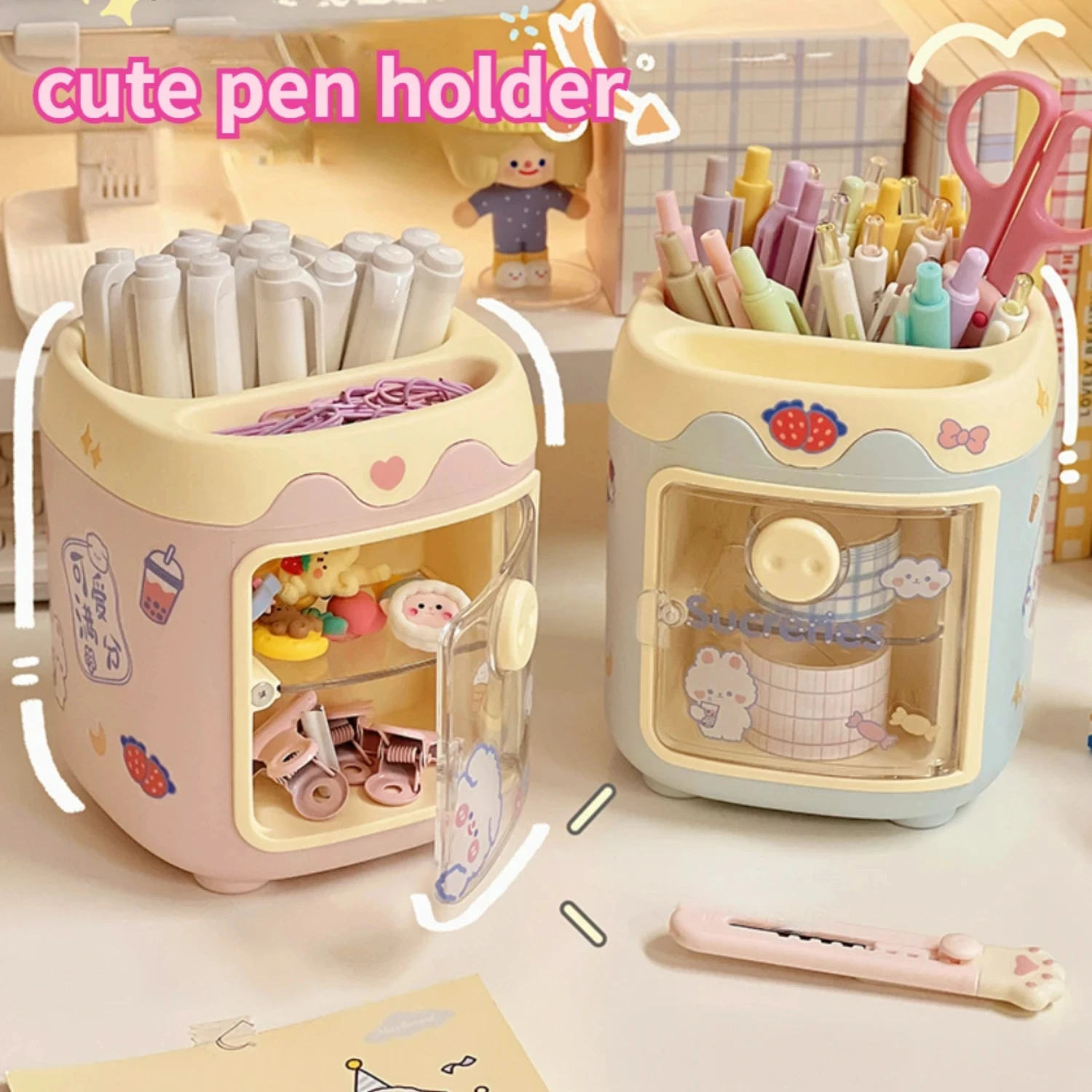 Cute Kawaii Cartoon Desktop Stationery Organizer Pen Holder for Office, Sweet Pencil Case Box Tube Display