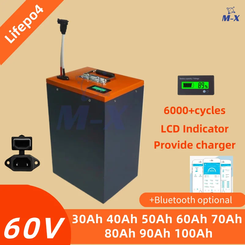 

60V Lifepo4 Battery 100Ah 30Ah 40Ah 50Ah 60Ah 70Ah 80Ah 90Ah Batteria for 1800W 3000W Golf Cart Small Tractors Two Wheeler