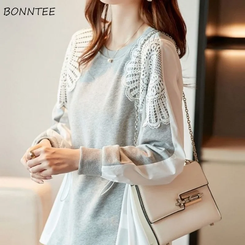 Long Sleeve T-shirts Women Patchwork Lace O-neck Loose Chic Korean Style All-match Spliced Spring Autumn Female Design Minority