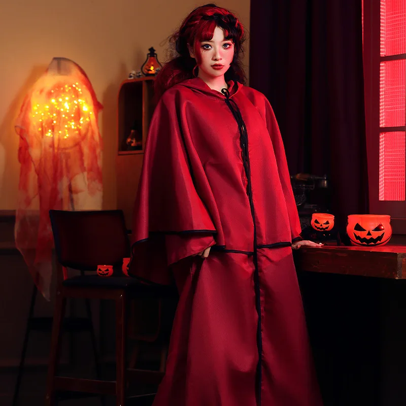 Cosplay Practitioner's Magic Robe Women Halloween Burgundy Cape Court Assassin Costume Wizard Costume Fake Two Piece Set