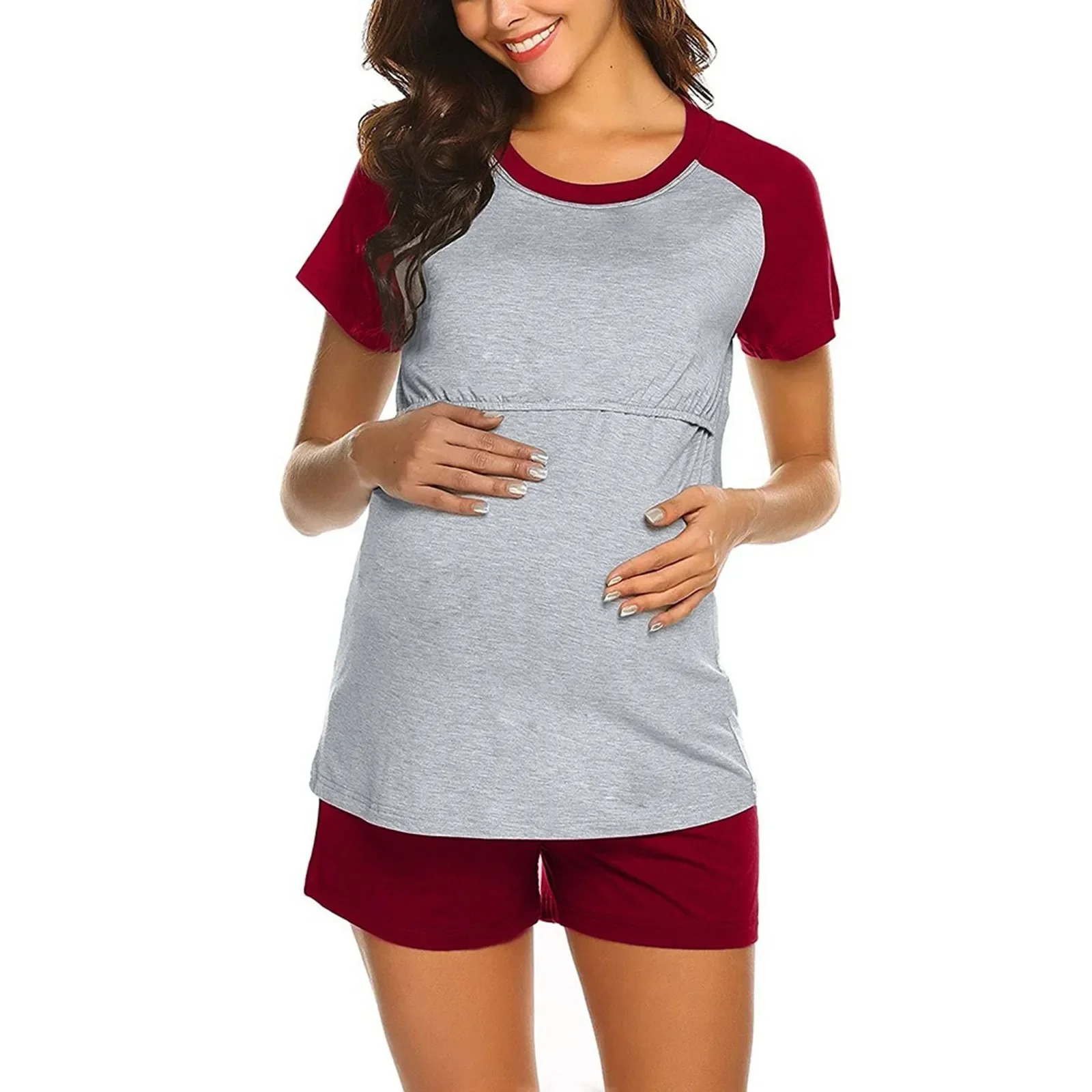 New Women Maternity Breastfeeding Pajamas Set Short Sleeve Nursing Baby Patchwork Casual T Shirt Tops+Shorts Solid Sleepwear 2PC