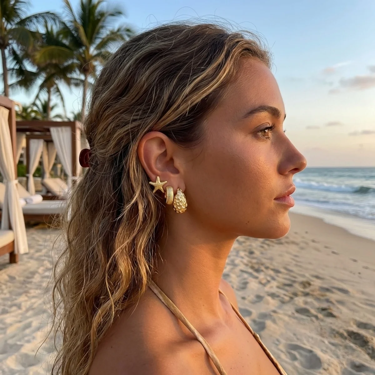 Bohemian Seestern Lava Wassertropfen CCB Ohrstecker-Set für Damen und Herren Muschel C-förmige Ohrringe Sommerurlaub Party Schmuck – Detail 5