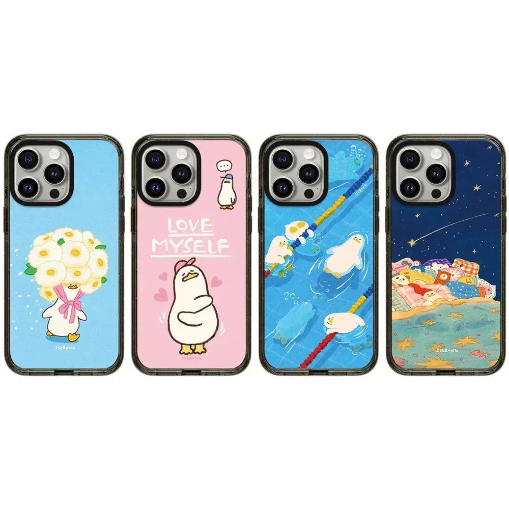 

Cartoon Duck Swimming 2.5 Acrylic Black Border iPhone 12 13 14 15 16 Pro Max Protective Case