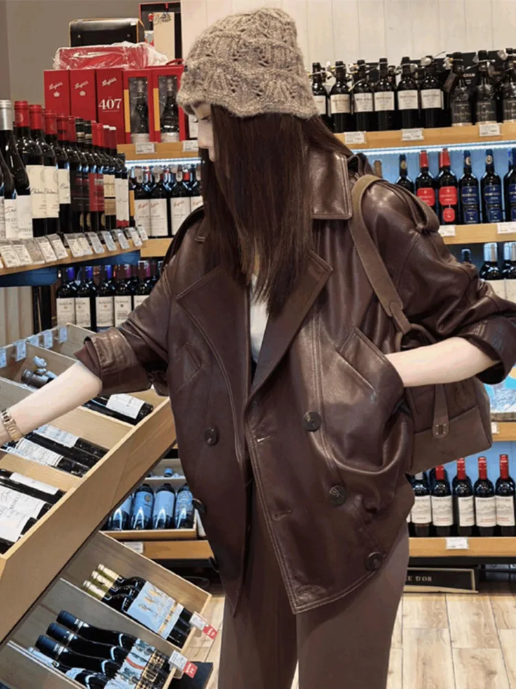 Vintage Faux Leather Jackets Long Sleeve Single Breasted Pockets Lapel Coats 2025 Autumn Wwinter New Lady Streetwears