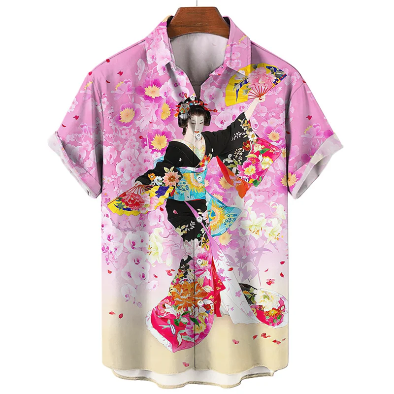 Japanese 3d Printed Geisha Shirt For Men Clothing Street Loose Oversized Short Sleeved Tops Summer Casual Lapel Hawaiian Shirts