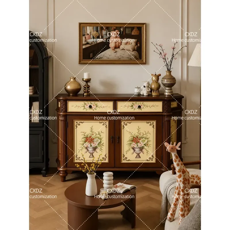 Solid Wood Painted Double Door Entrance Cabinet European Medieval Style Decorative Side Cabinet for Villa Entryway Storage