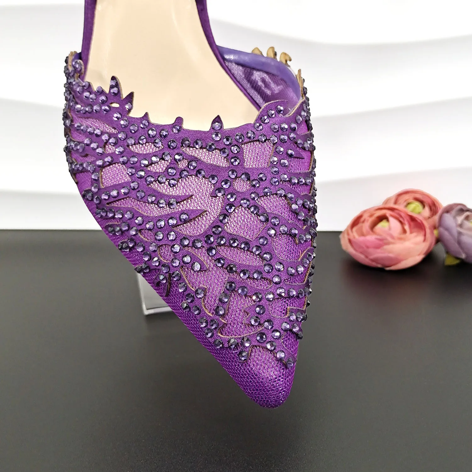 QSGFC Nigeria Popular Purple Mesh And Hollow Design With The Same Color Small Rhinestones Fashion Party Ladies Shoes And Bag