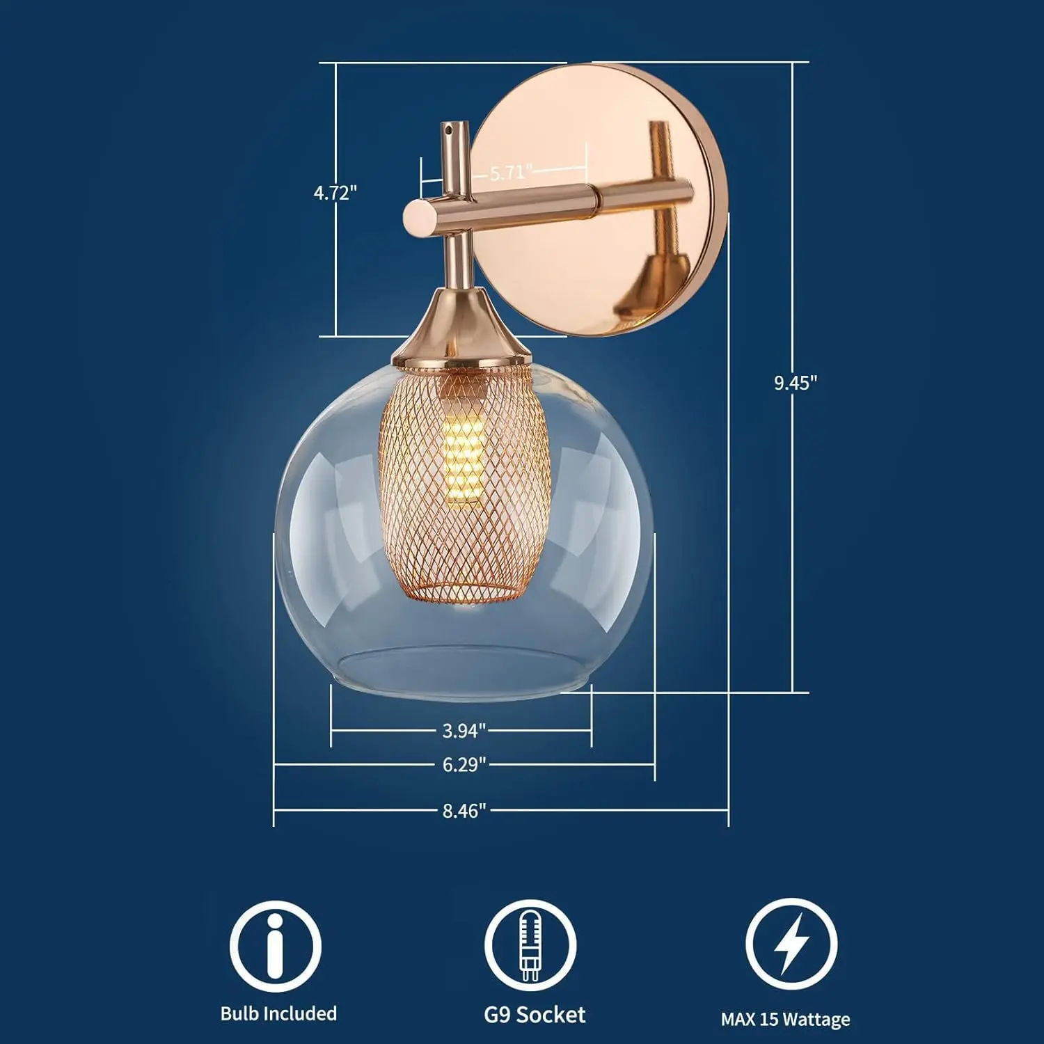 Lampada da parete di lusso paralume in vetro sferico in stile europeo lampada da parete a doppio strato lampada da parete con testa in metallo oro rosa G9 camera da letto