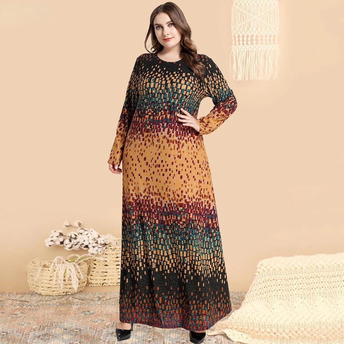 

Dubai Arab Islam Abaya Women Muslim Long Dress Colour Printed Kaftan Robes Elegant Maxi Dress Large Size Islamic Clothing Caftan