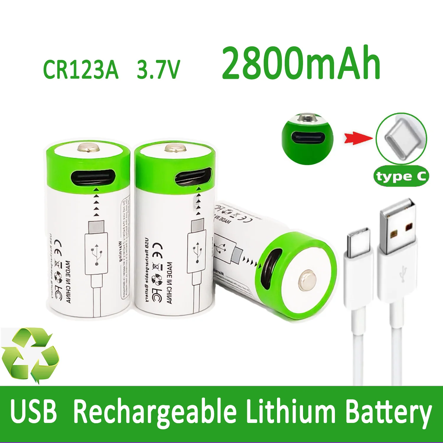 

Lithium battery Cr123A 3.7V large capacity 2800mah USB-C fast charging 16340 Cr123A rechargeable lithium-ion USB