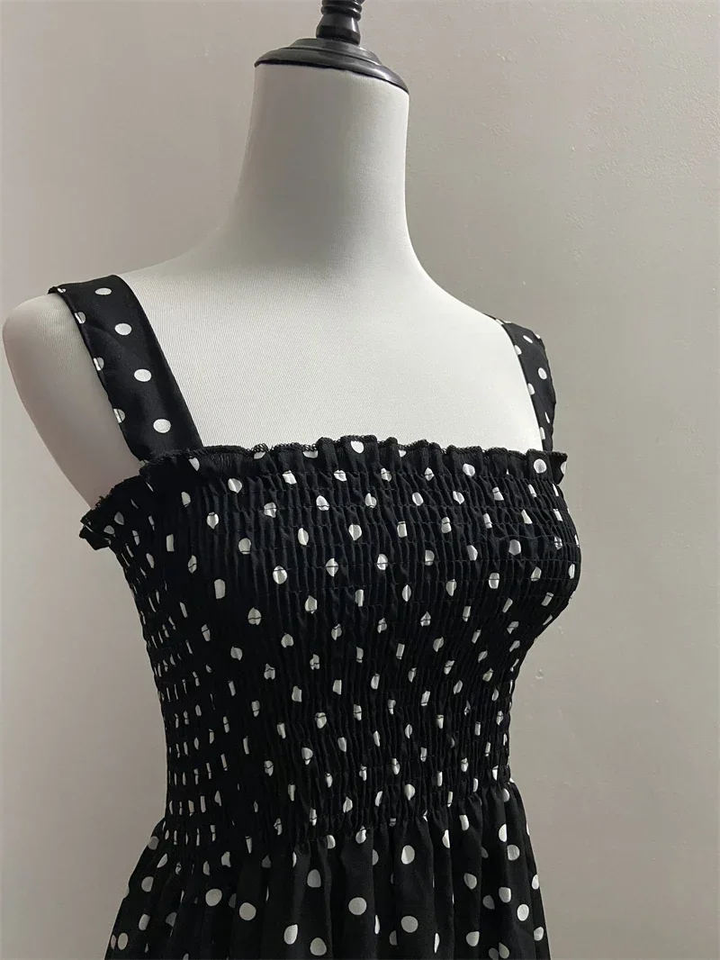 Damen Sommer Polka Dot Chiffon Langes Kleid Elegantes Quadratischer Ausschnitt Ärmelloses Kleid Lässige Damenkleider – Detail 5