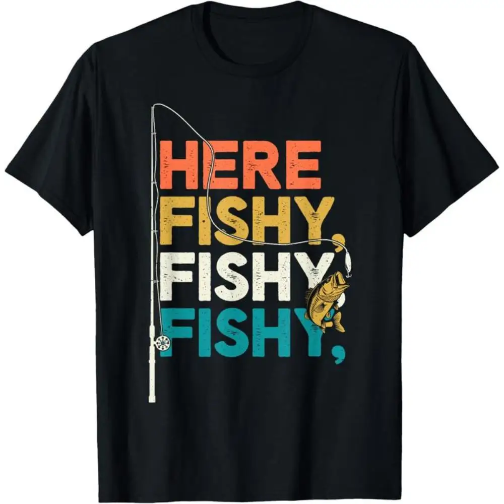 

Funny Fishing T-shirt Men Women Here Fishy Graphic Tee Fisherman Gift Hobby Casual Top Vintage Retro Style