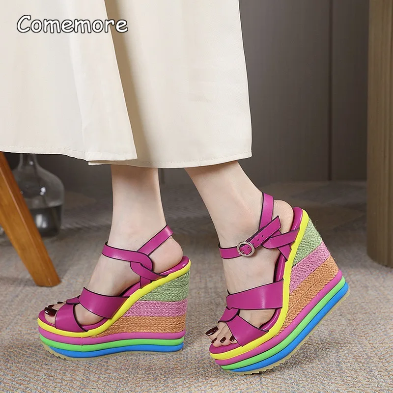 

Large Size 34-43 Women's Rainbow Striped Platform Wedge Sandals Ankle Buckle High Heel Shoes Colorful Fashion Shoes for Ladies