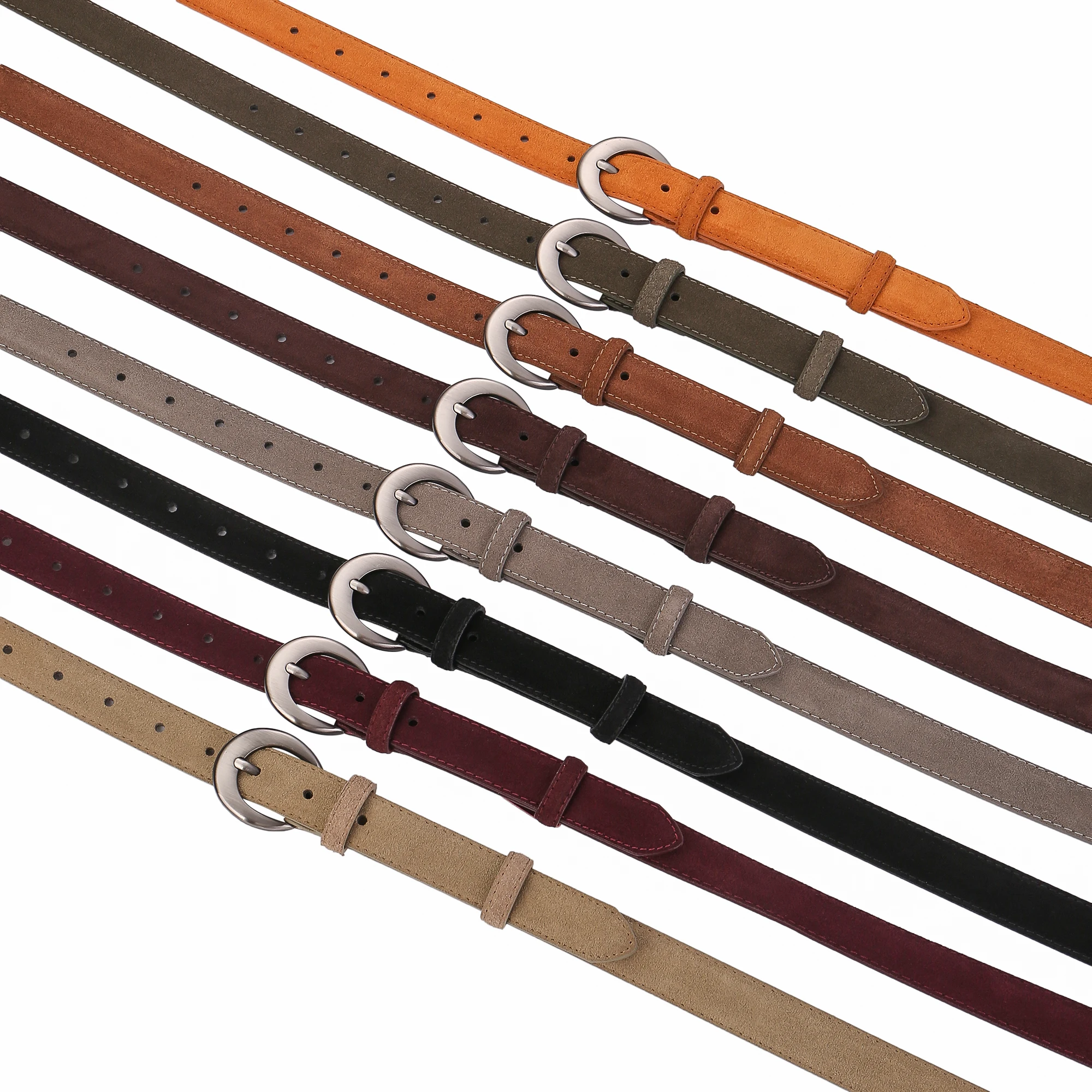 Stylish women's suede leather belt crafted from double-layer cowhide with a designer silver buckle. Available in multiple colors