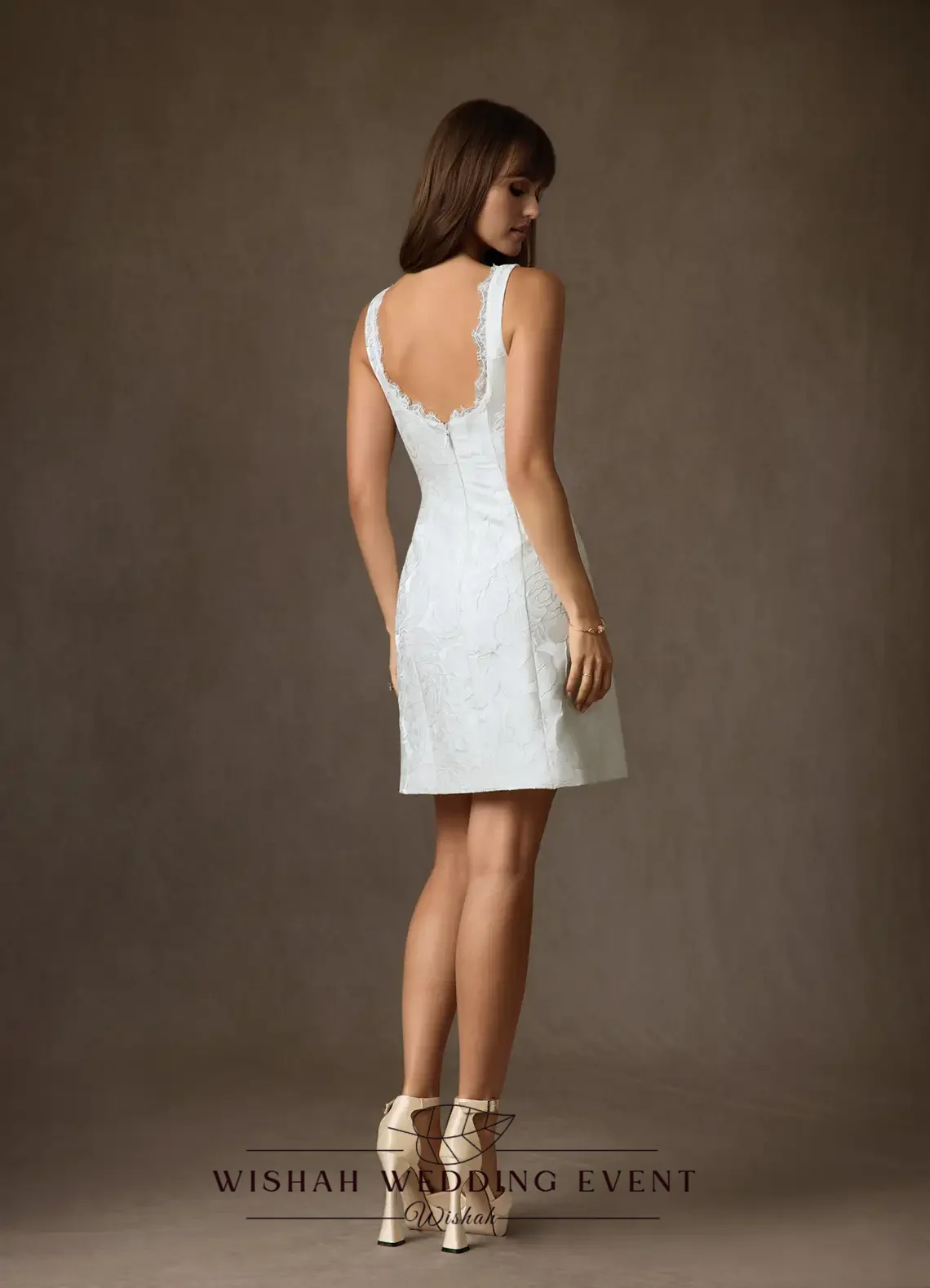 Wishah Customized 2026 Sheath Vintage Floral Lvory Lace wedding dress Square Neck Sleeveless Knee‑Length Backless Bridal Gowns