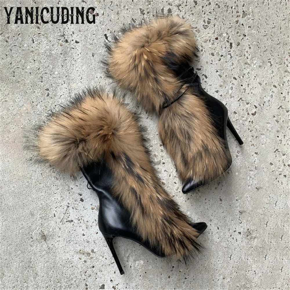 Pointed Fur Boots Luxurious Style Fashion Shoes Stiletto Shoes Sexy Winter Boots Women Warm Fake Fur Brown Suede Leather Boots