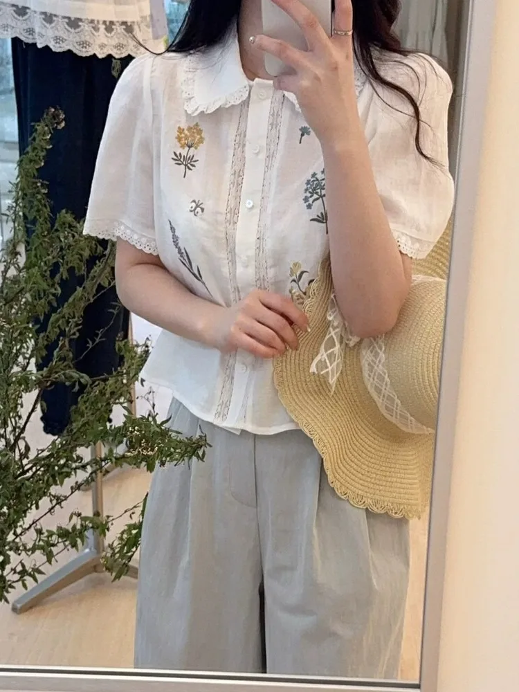 

Korean Sle Summer ort Sve Embroidered Doll Collar Women's irt Unique Design Single Button ort Length Ele Top