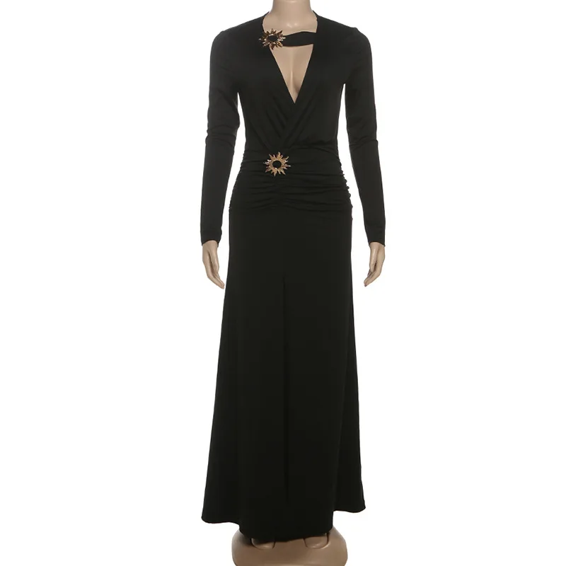 2025 Autumnm Metal Buckle Ruched Bodycon Maxi Dress Women Solid Sexy Deep V Neck Full Sleeve High Split Slim Party Long Robe