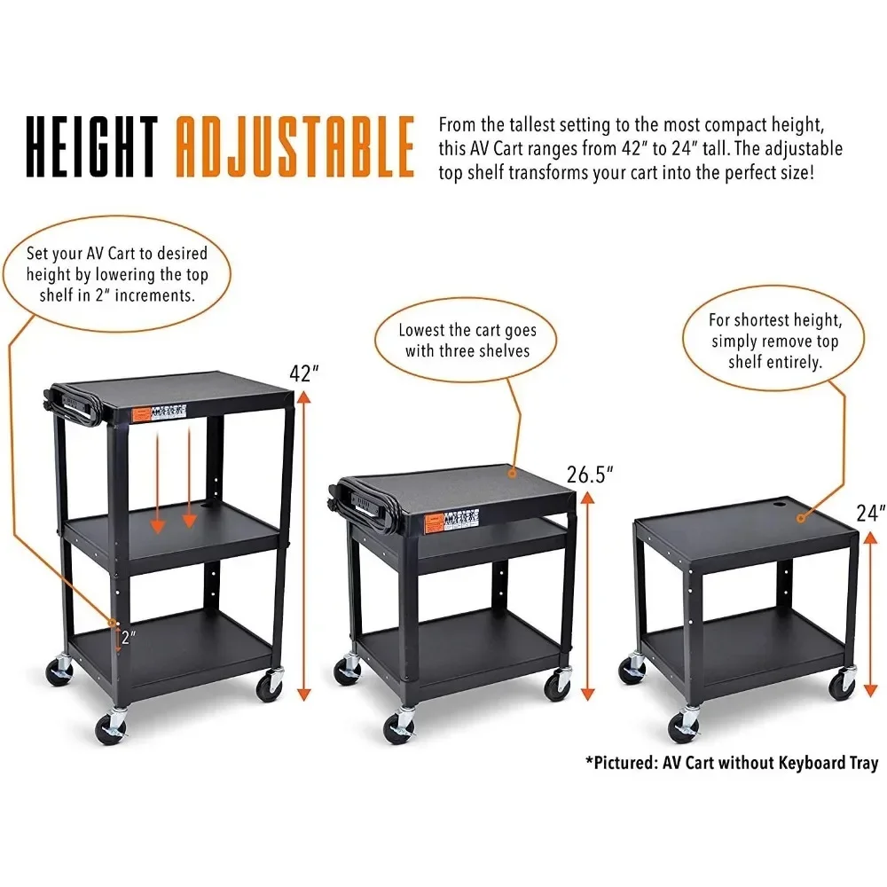 Rolling AV Cart - Adjustable Shelf Height Computer Stand Workstation, Includes Pullout Keyboard Tray,  Carts with Lockable Wheel