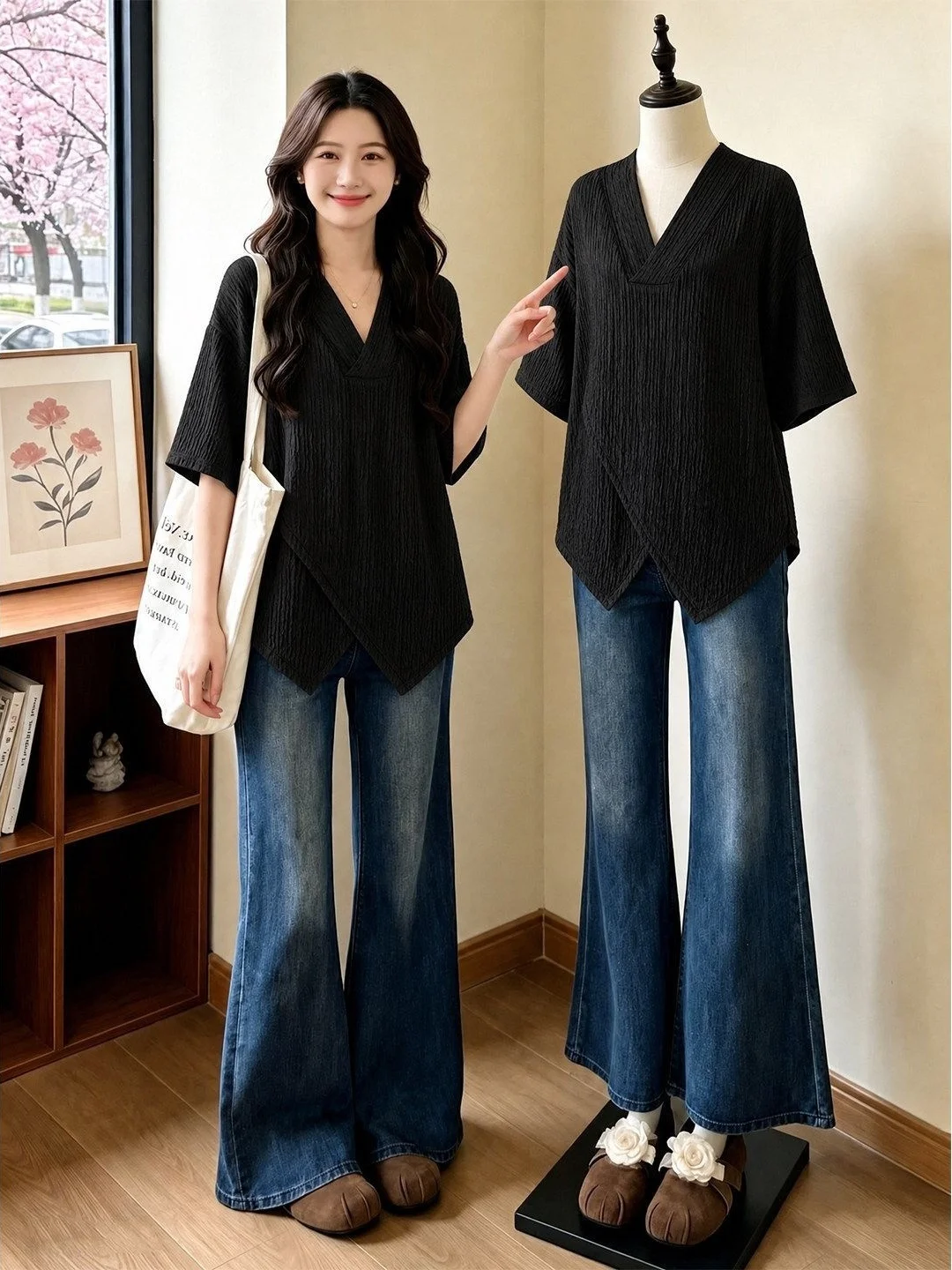 plus Size Summer Short Sleeve Shirt V-Neck Texture Design Casual Loose Fit Women's Top Meat Concealing Patchwork Tunic