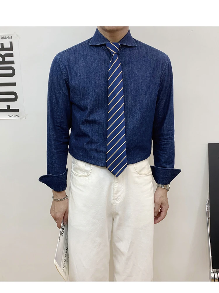 

Waed Denim Long Sve Busin повседневный облегающий воротник с воротником irt для мужчин модный осенний хлопок полиэстер смесь пуговиц декор