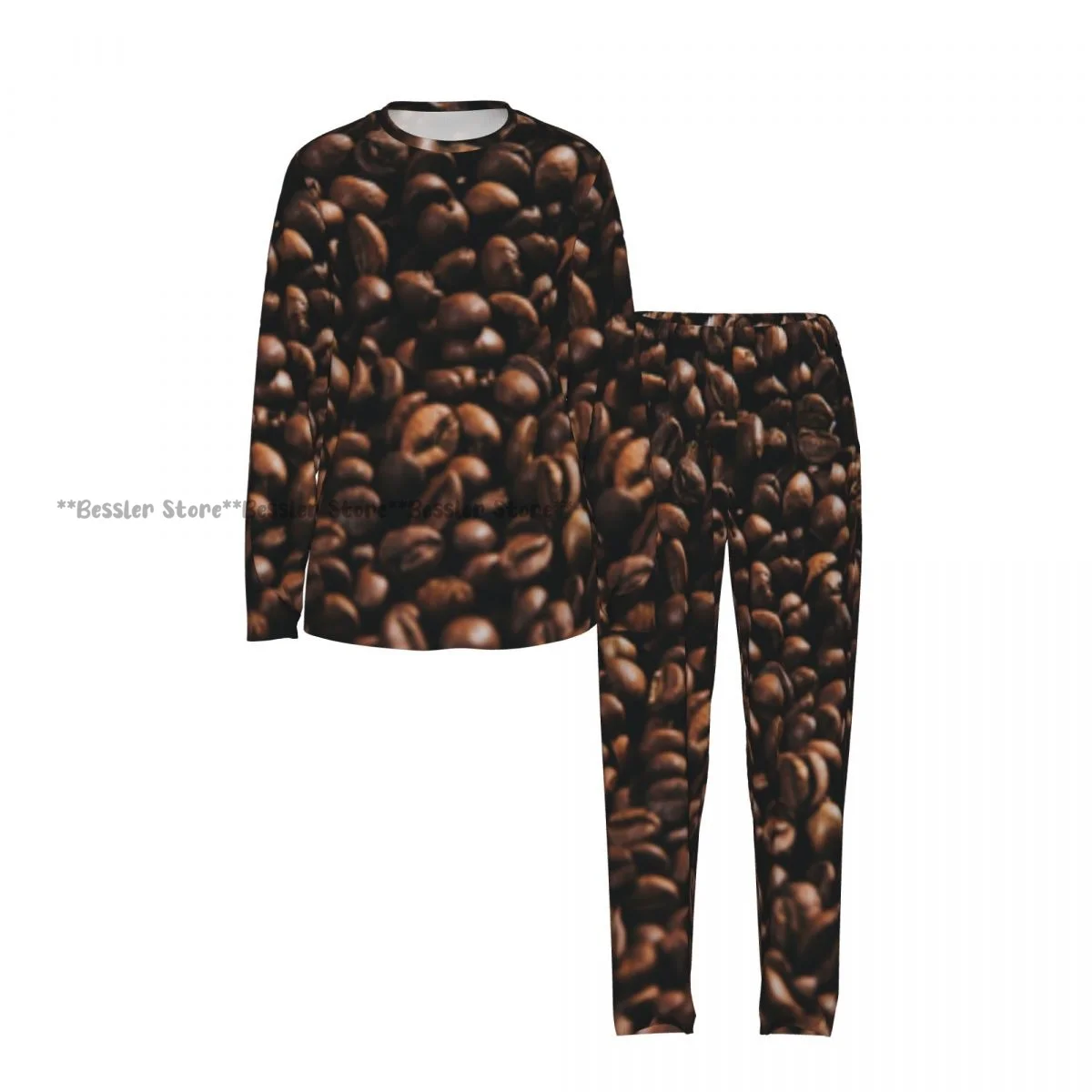 2 Piece Women Round Neck Pajamas Set Long Sleeve Long Pants Coffee Beans Pattern Homewear Casual Daily Sleepwear