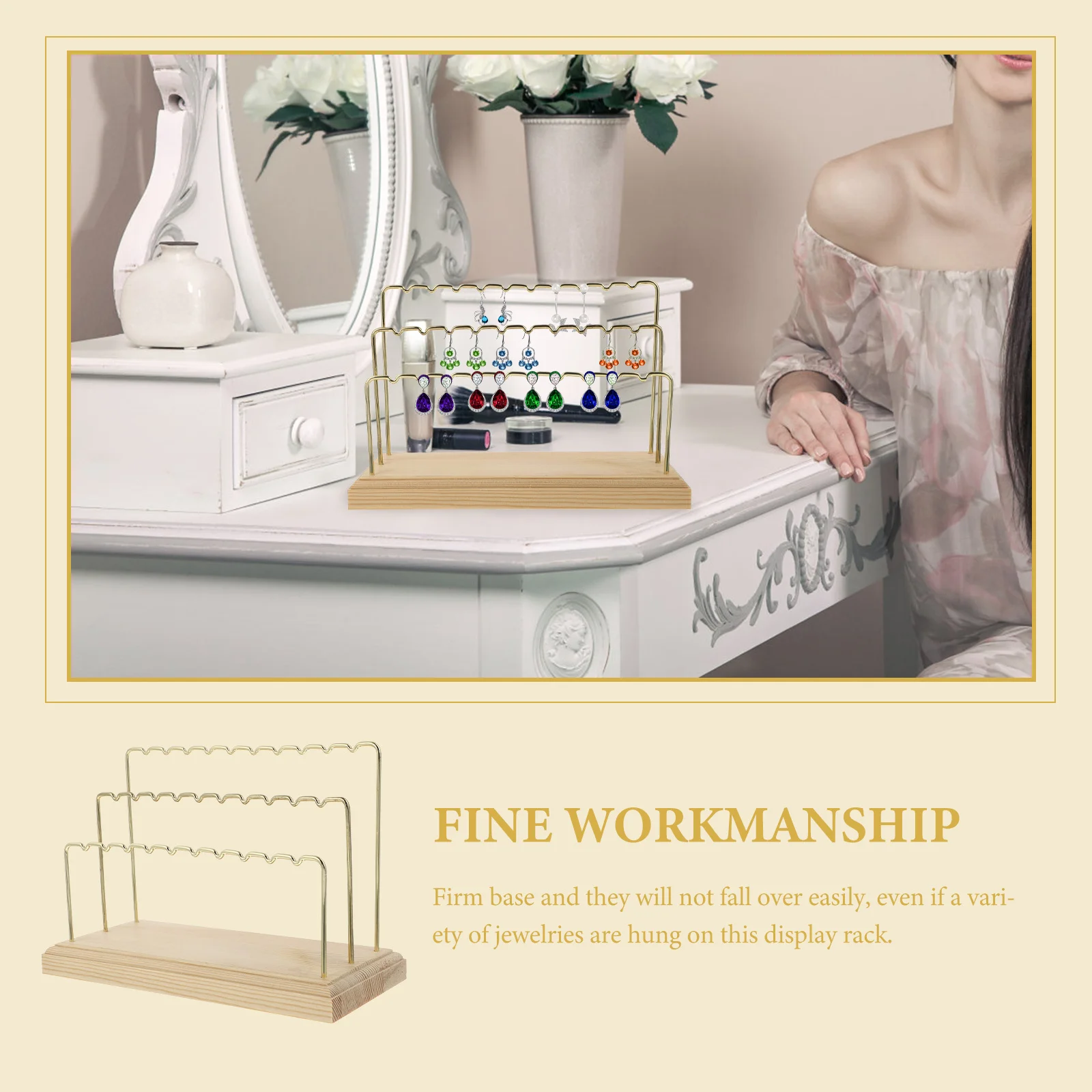 

Premium Wooden Earring Holder with Golden Iron Base Jewelry Display Stand for Organizing Studs and Hoops
